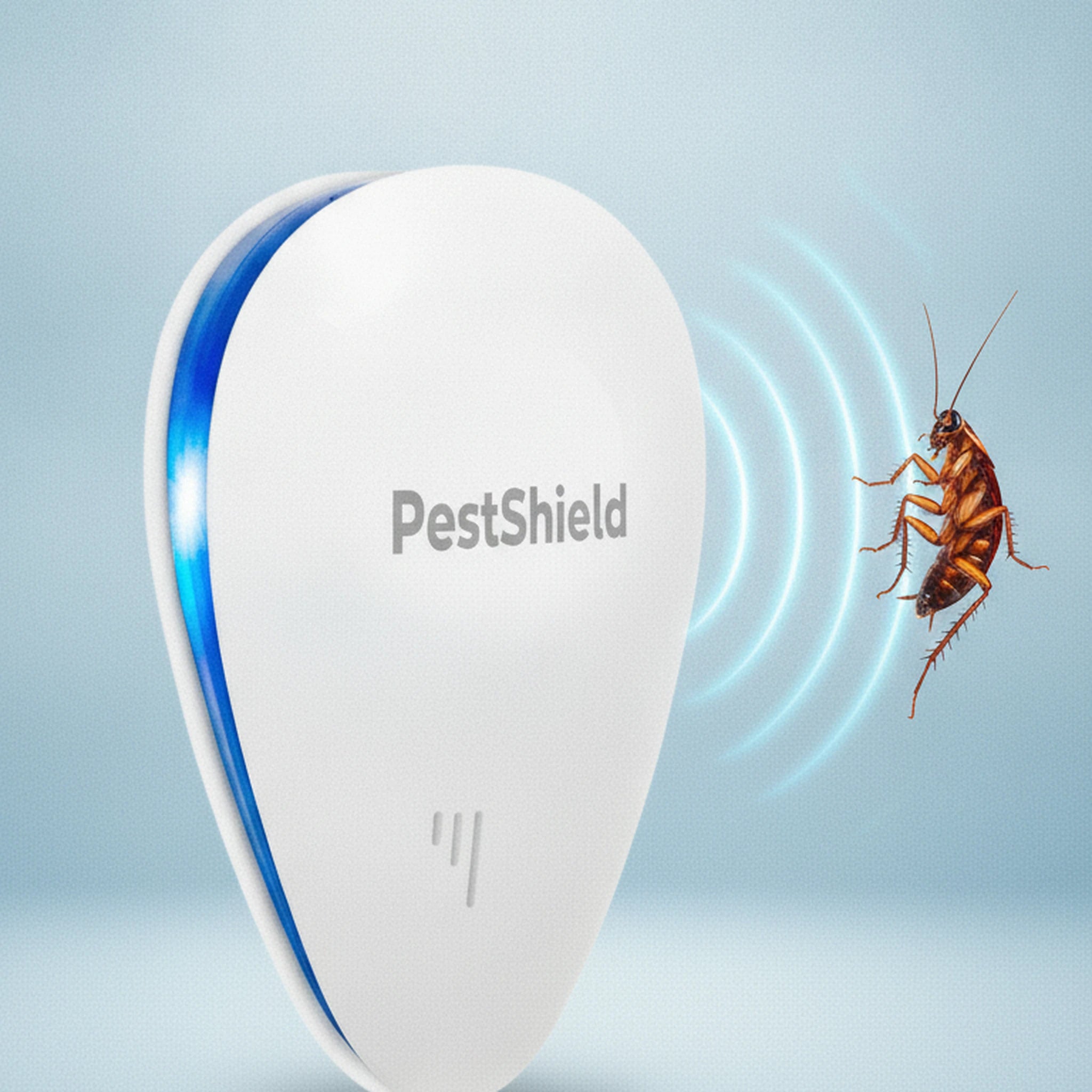 Schéma : ondes ultrasoniques émises par PestShield — 22 à 65 kHz, inaudibles pour les humains et les animaux domestiques, insupportables pour les cafards