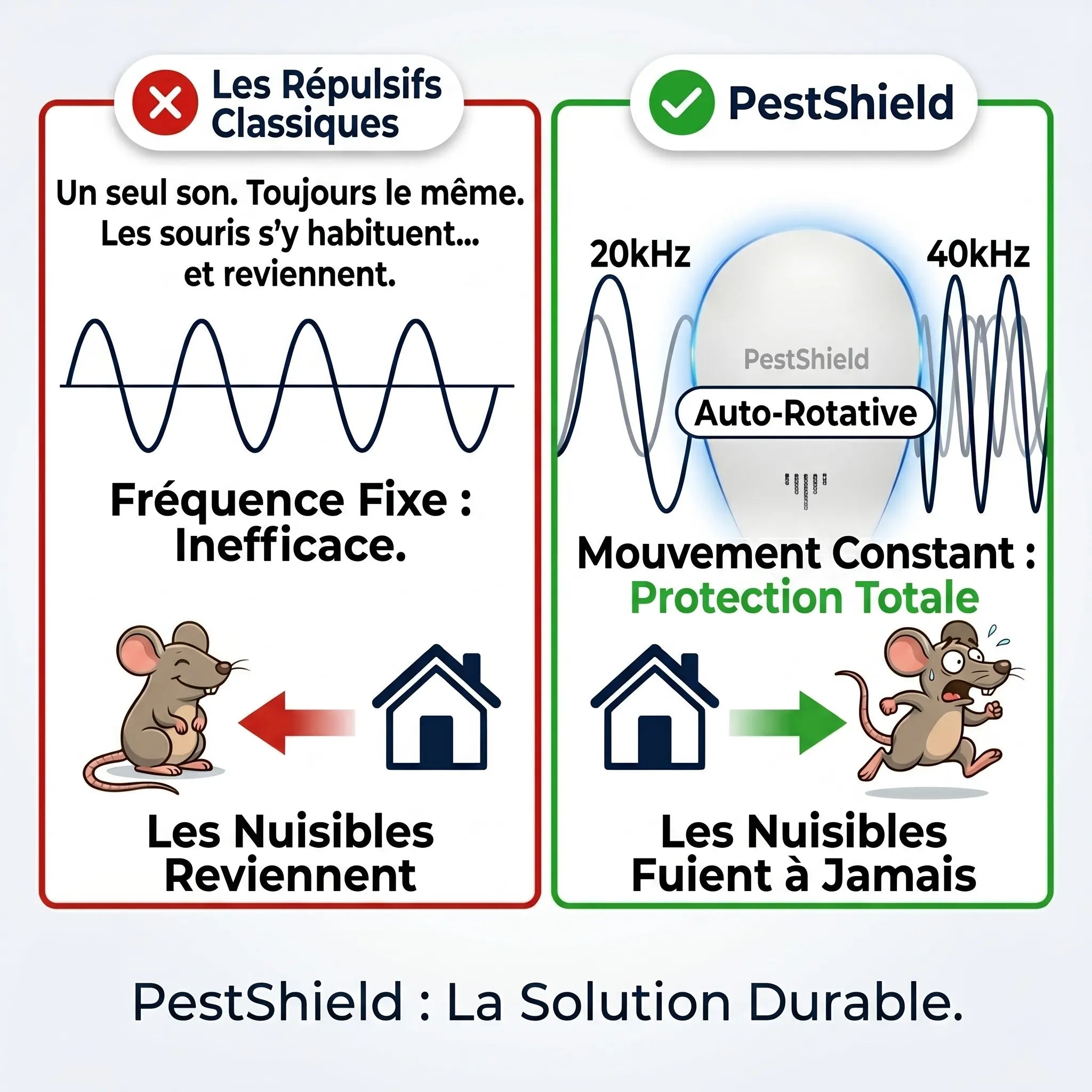 Schéma : ondes ultrasoniques émises par PestShield — 22 à 65 kHz, inaudibles pour les humains et les animaux domestiques, insupportables pour les nuisibles