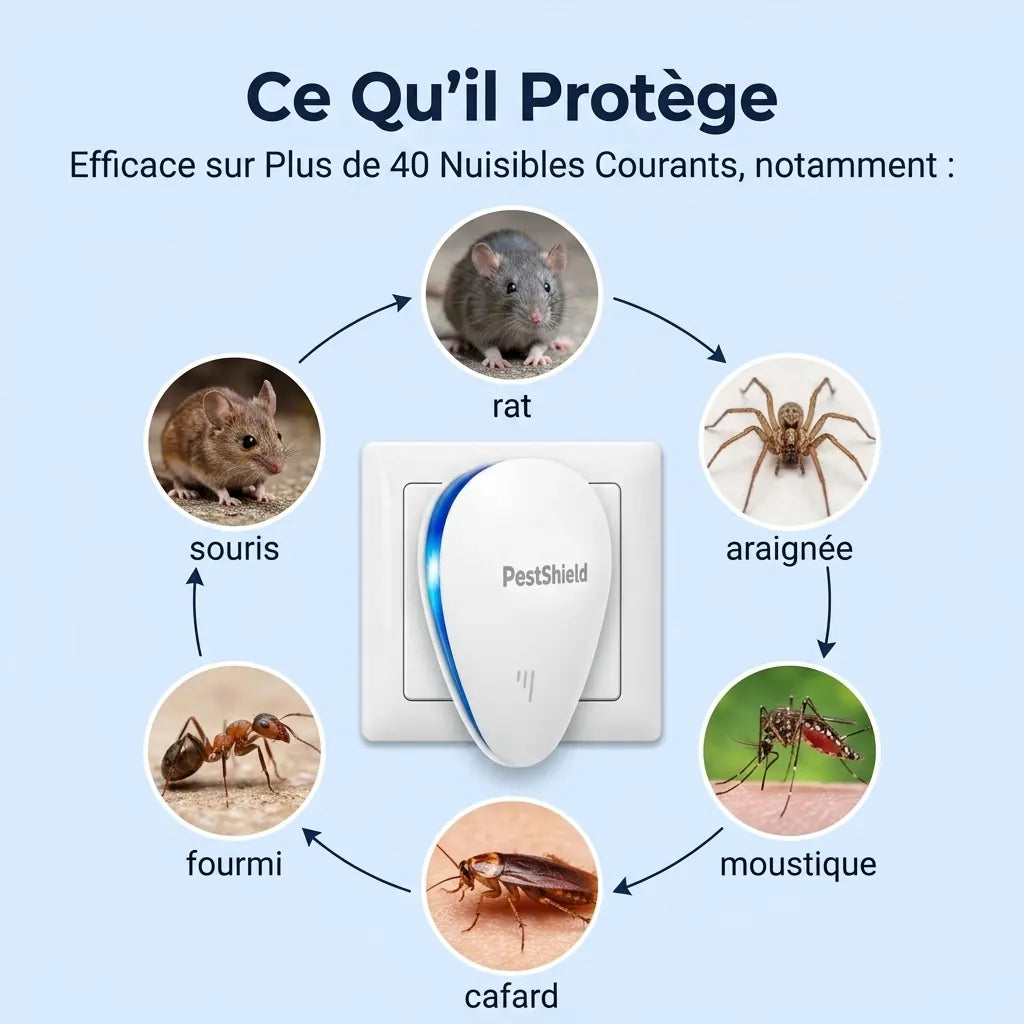 PestShield protège des punaises de lit, moustiques, cafards, araignées, fourmis, rongeurs — plus de 40 nuisibles