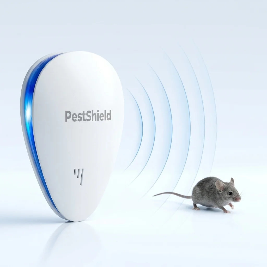 Schéma : ondes ultrasoniques émises par PestShield — 22 à 65 kHz, inaudibles pour les humains et les animaux domestiques, insupportables pour les souris