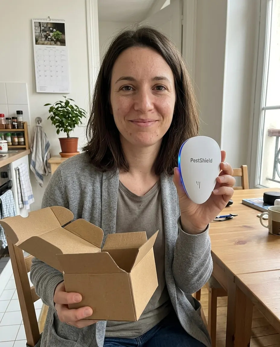 Carton PestShield ouvert sur la table à manger, appareil sorti