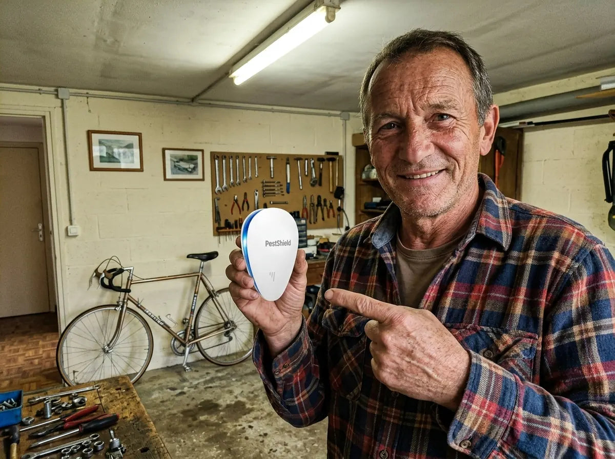 PestShield branché dans le garage près de l'établi